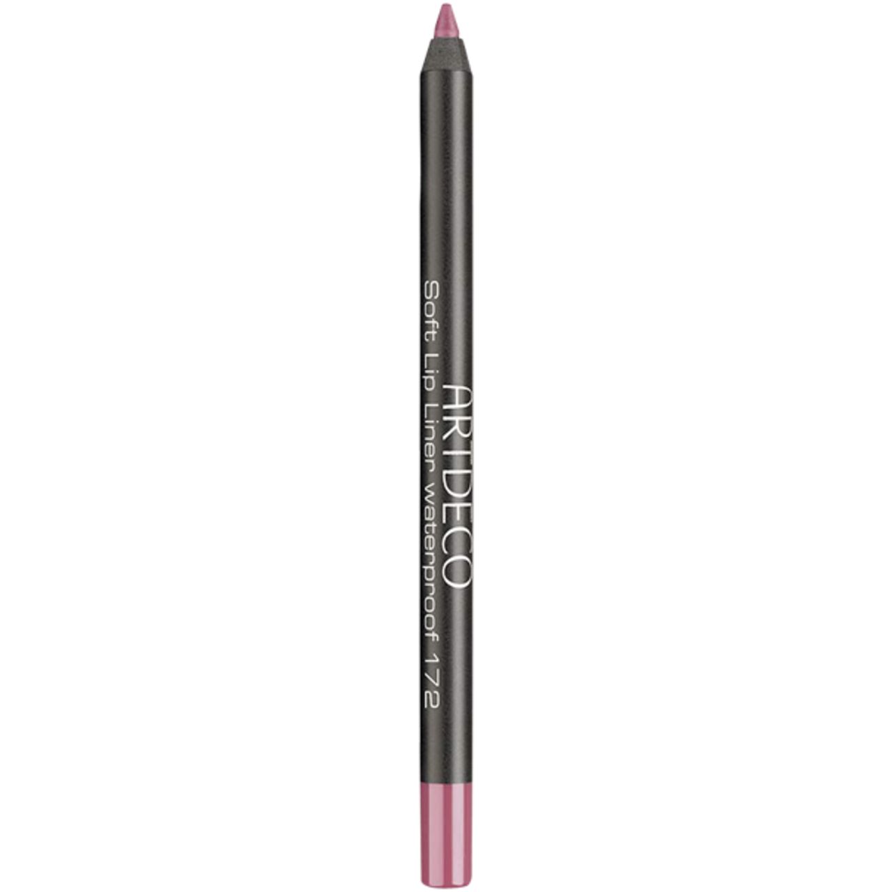 Artdeco Soft Lip Liner Waterproof 172. Donkergrijze lipliner met roze punt. Producttekst op de liner.