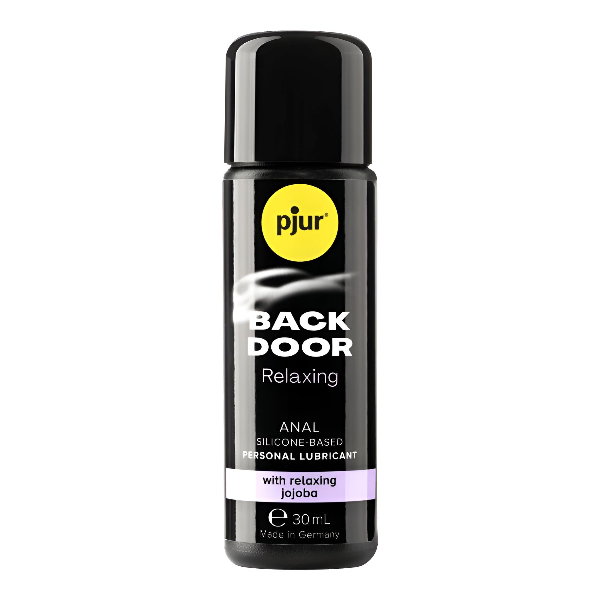 Zwarte fles met zwarte dop. Opschrift: pjur, BACK DOOR, Relaxing, Anal Lubricant. Bevat 30ml. Gemaakt in Duitsland.
