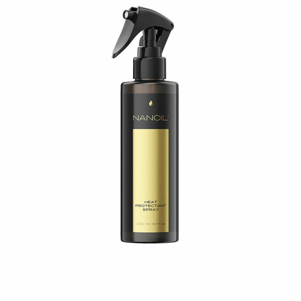 Bruine fles met zwarte spraykop. Gouden etiket met "NANOIL" en "HEAT PROTECTANT SPRAY".