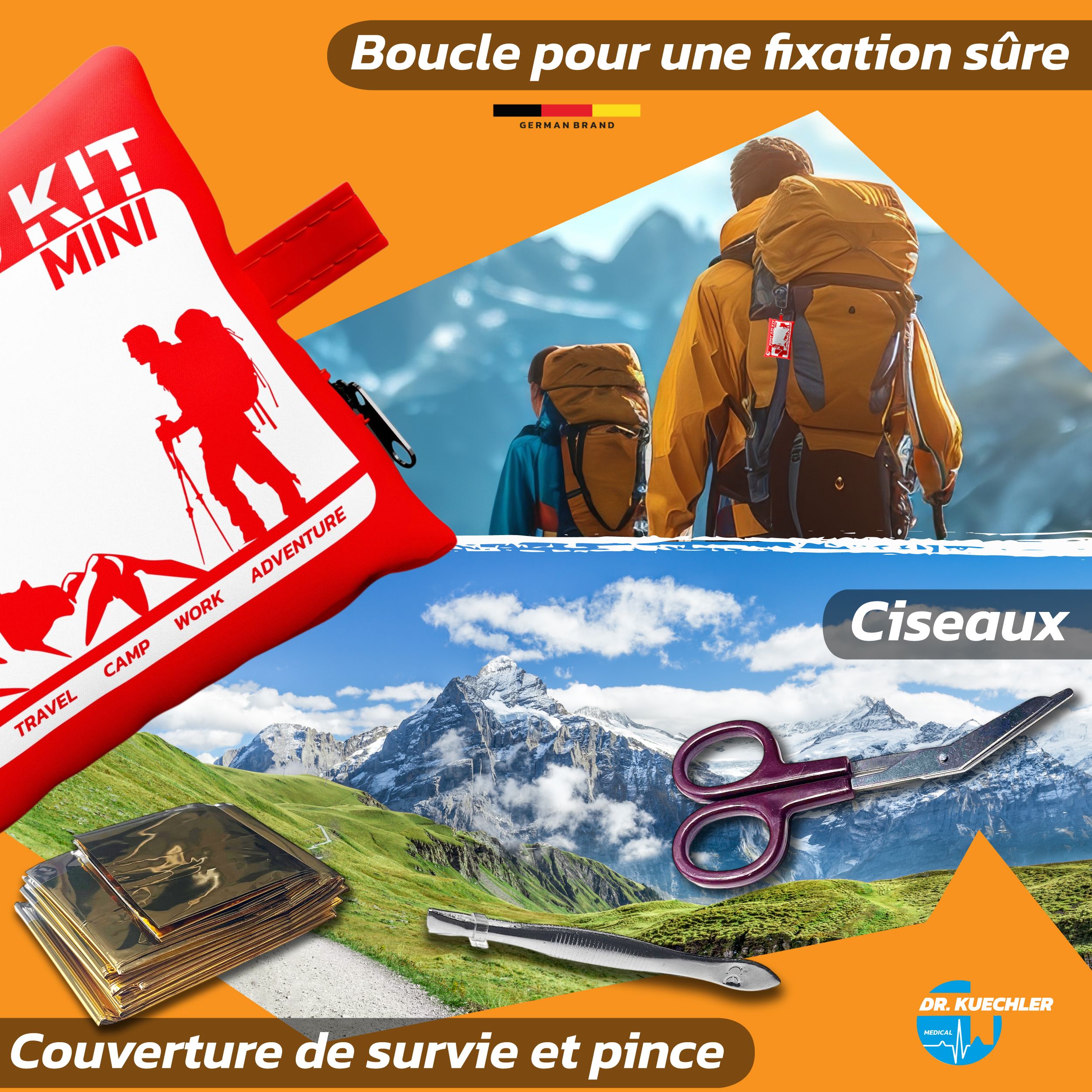 Trousse de premiers secours rouge avec boucle. Contient ciseaux, couverture de survie et pince à épiler. Paysage.