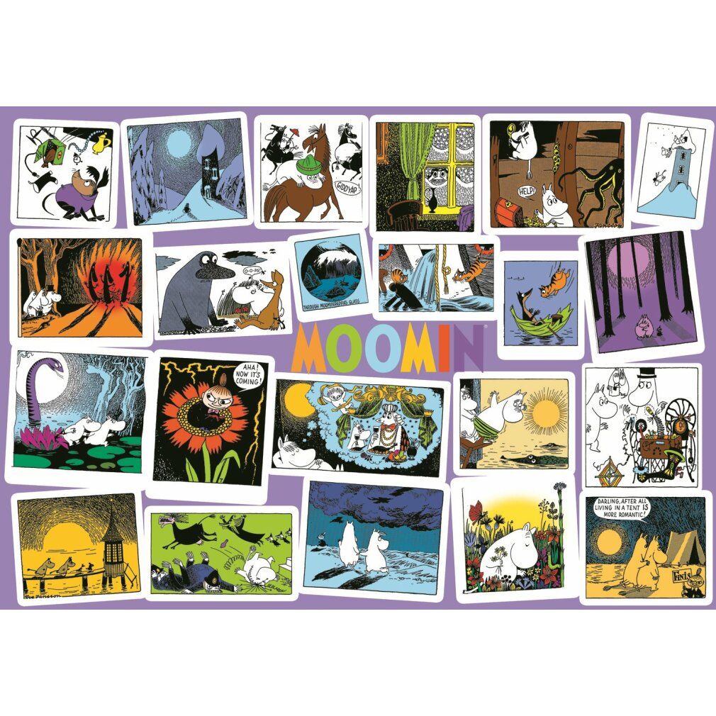 Puzzelstukjes met Moomin-motieven. Afbeeldingen van scènes uit de Moomin-wereld. Merk Trefl. Puzzel van 1000 stukjes.