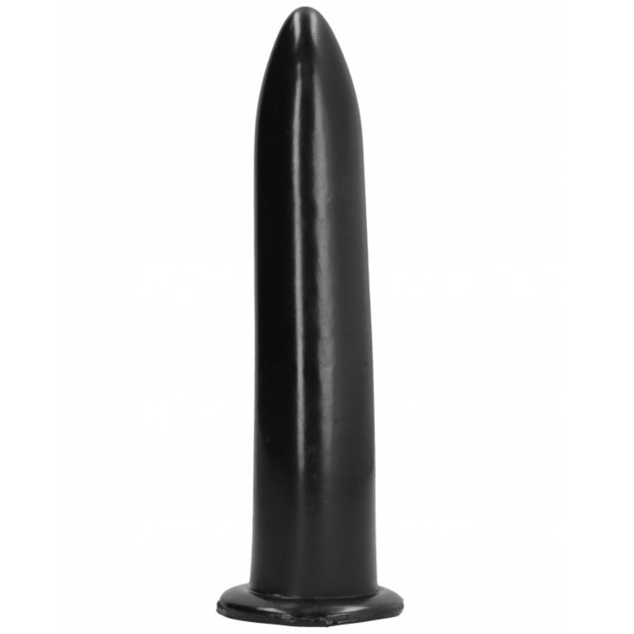 Dildo noir avec une extrémité effilée et une base large.