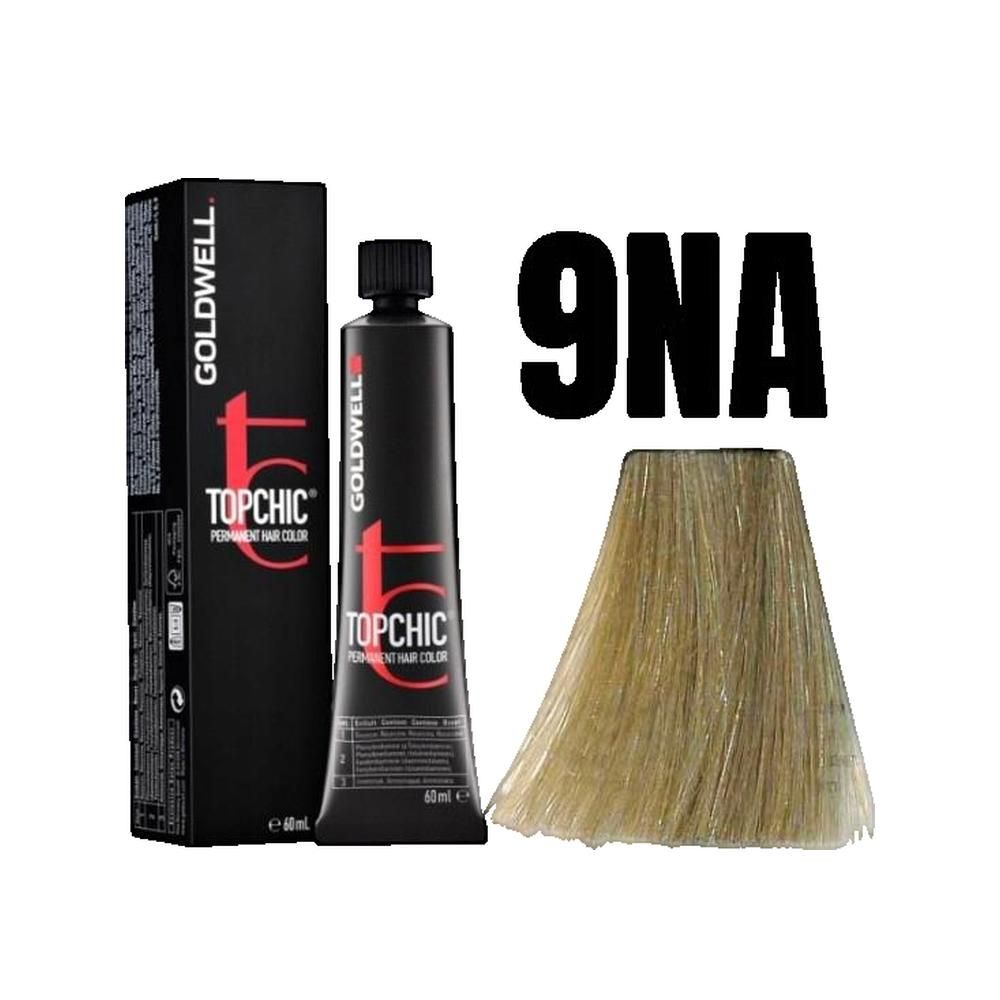 Goldwell Topchic haarkleur. Zwarte tube en doos. Productnaam en kleurnummer 9NA gedrukt. Blonde haarstreng.