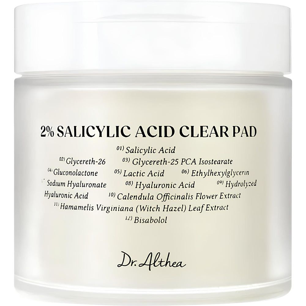 Dr. Althea 2% Salicylic Acid Clear Pad in een doorzichtige glazen pot met wit deksel en gedetailleerd etiket.