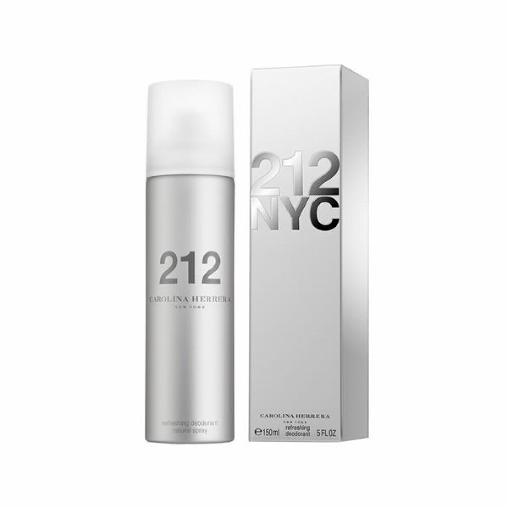 Deospray en verpakking. Zilverkleurige spray met witte dop. Opschrift: 212 NYC, Carolina Herrera, verfrissende deodorant.
