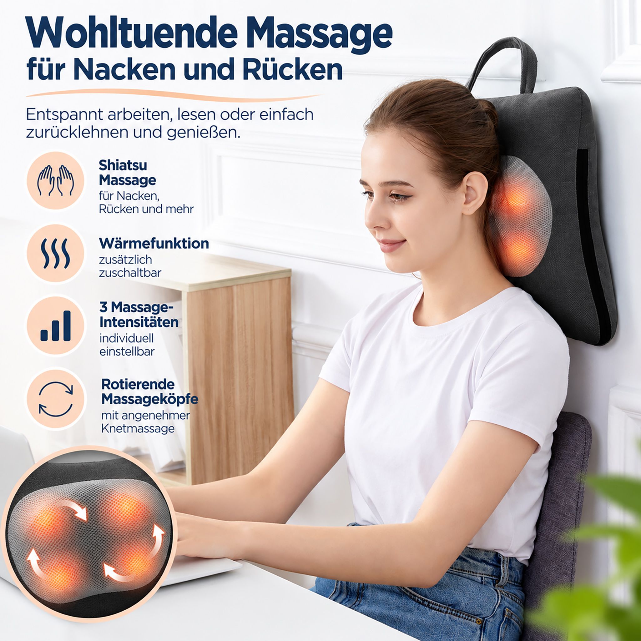 Grijs nekmassageapparaat met vier roterende koppen en verwarmingsfunctie, gebruikt door een vrouw.