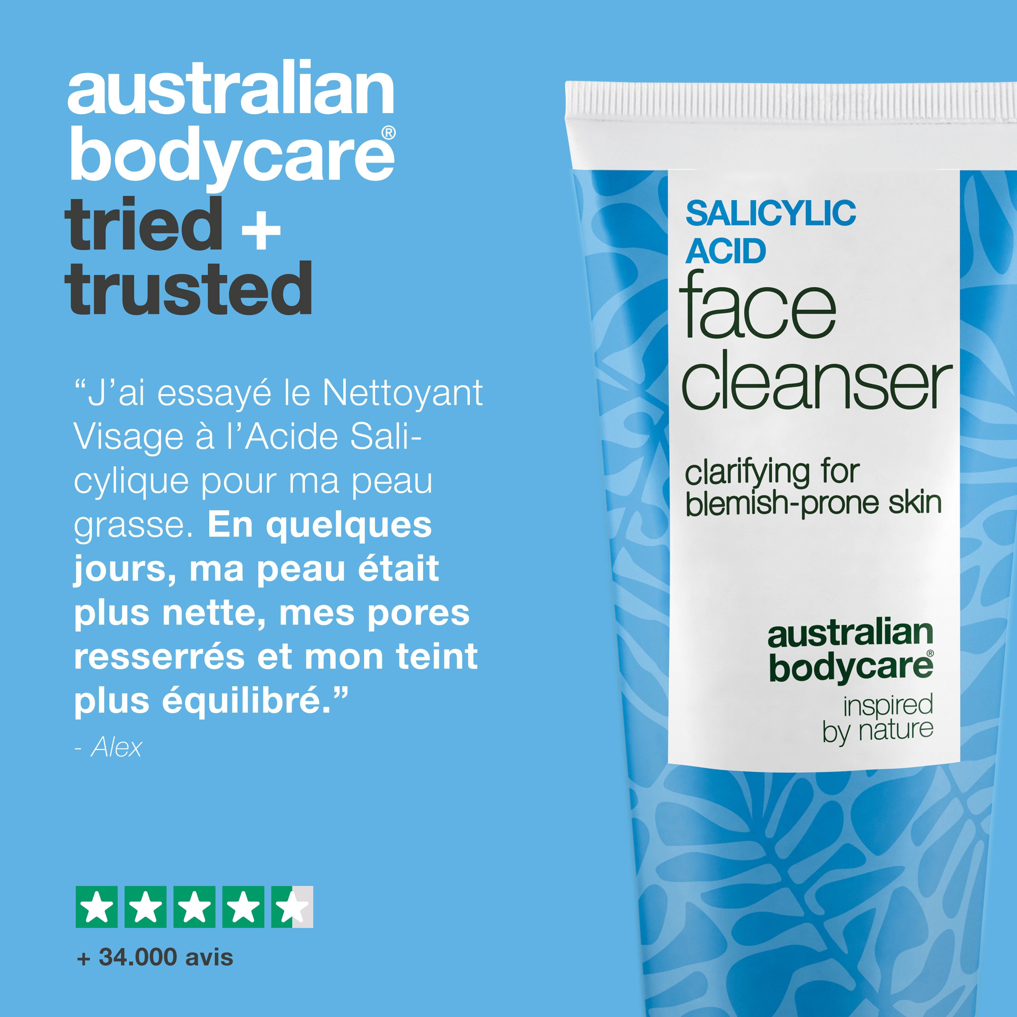 Tube "Salicylic Acid Face Cleanser" avec texte. Texte: Témoignage. Marque: Australian Bodycare.