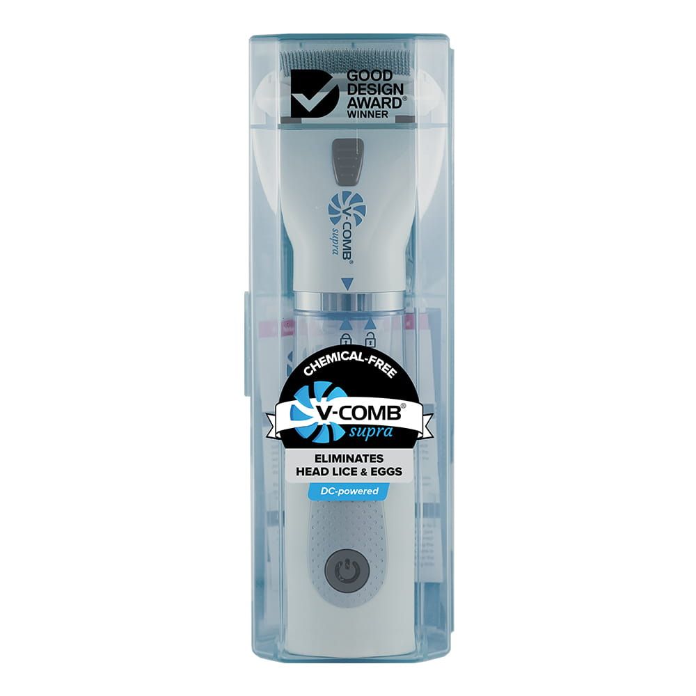 Peigne électrique anti-poux V-COMB Supra dans son étui avec distinctions.