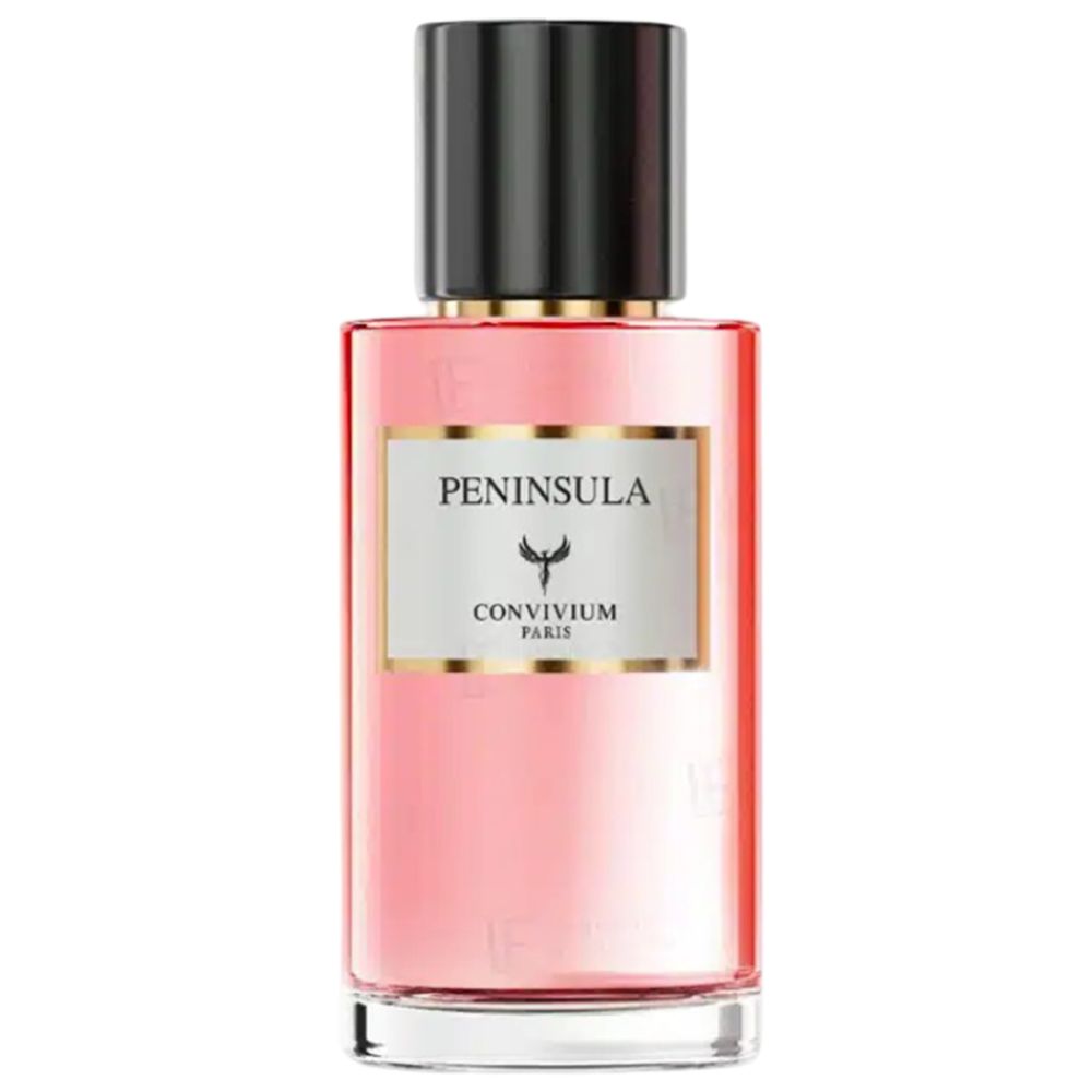 Roze glazen fles met zwarte dop. Wit etiket met gouden rand, tekst: Peninsula, Convivium Paris.