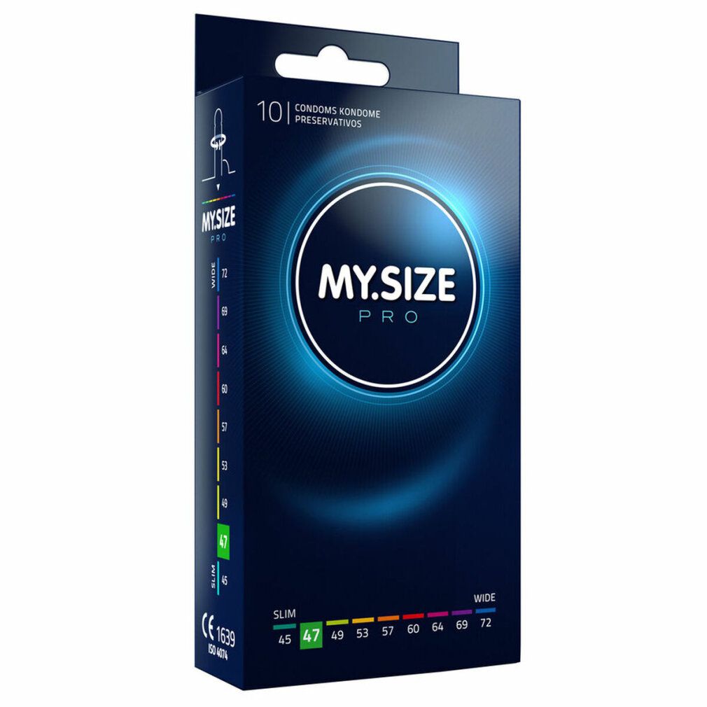 Verpakking met condooms. Opschrift MY.SIZE PRO, 47mm. 10 stuks. Slim-maat. CE-markering.