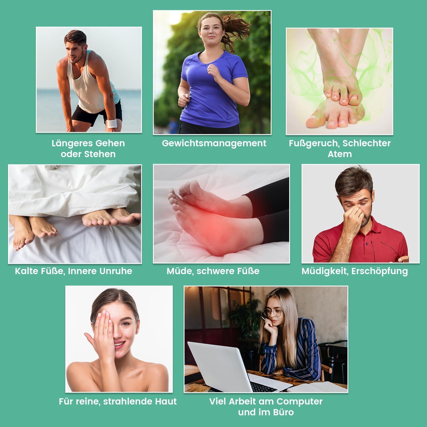 WeightWorld Detox Voetpleisters. Afbeeldingen van mensen en voeten. Mogelijke toepassingsgebieden: vermoeidheid, slechte adem, etc.