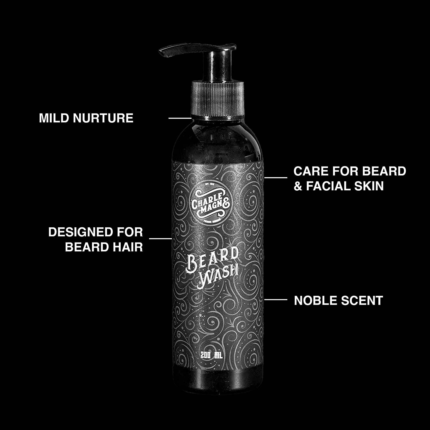 Bouteille de lavage de barbe avec distributeur et texte.