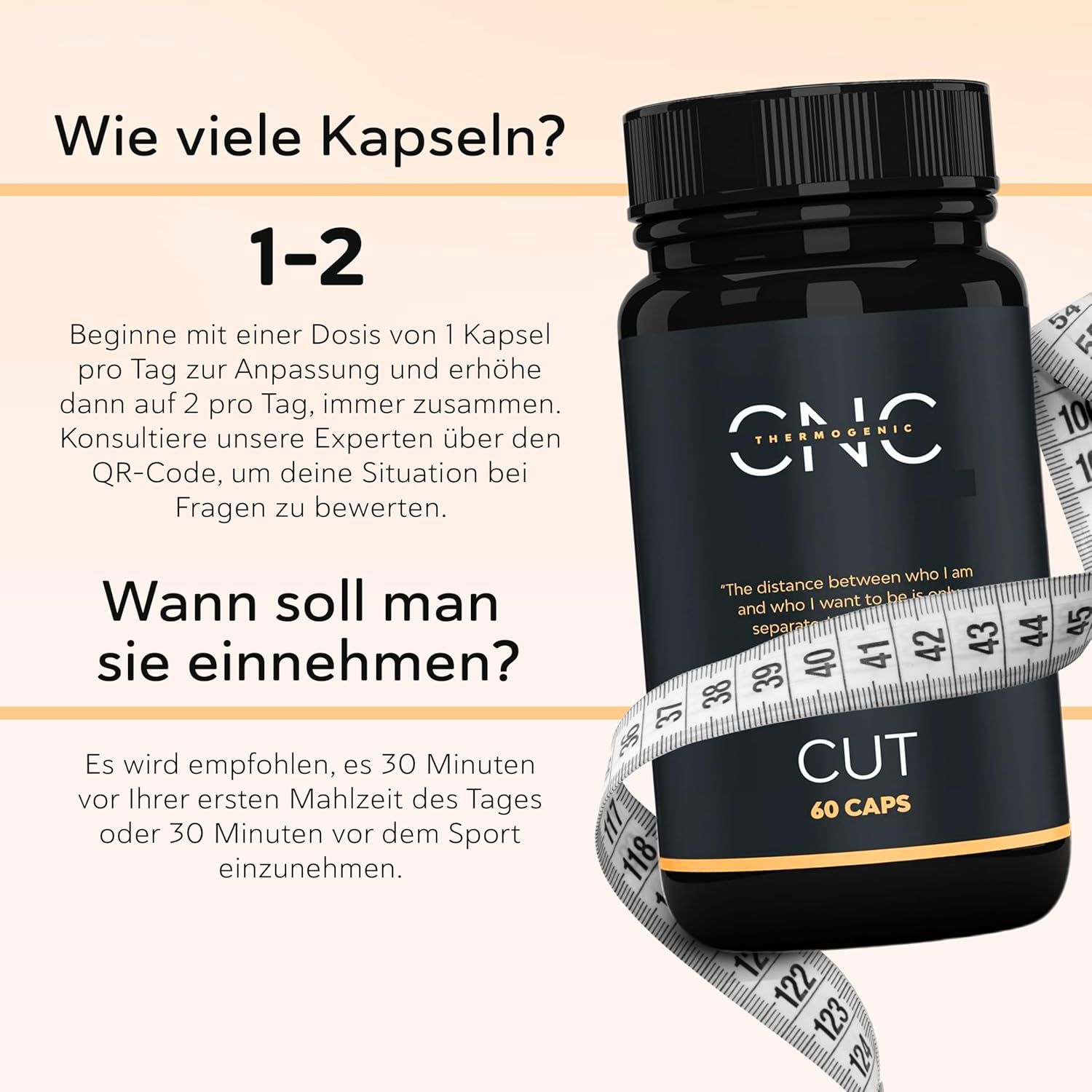 Productfles CUT met meetlint. Tekst over aantal capsules en innamemoment.