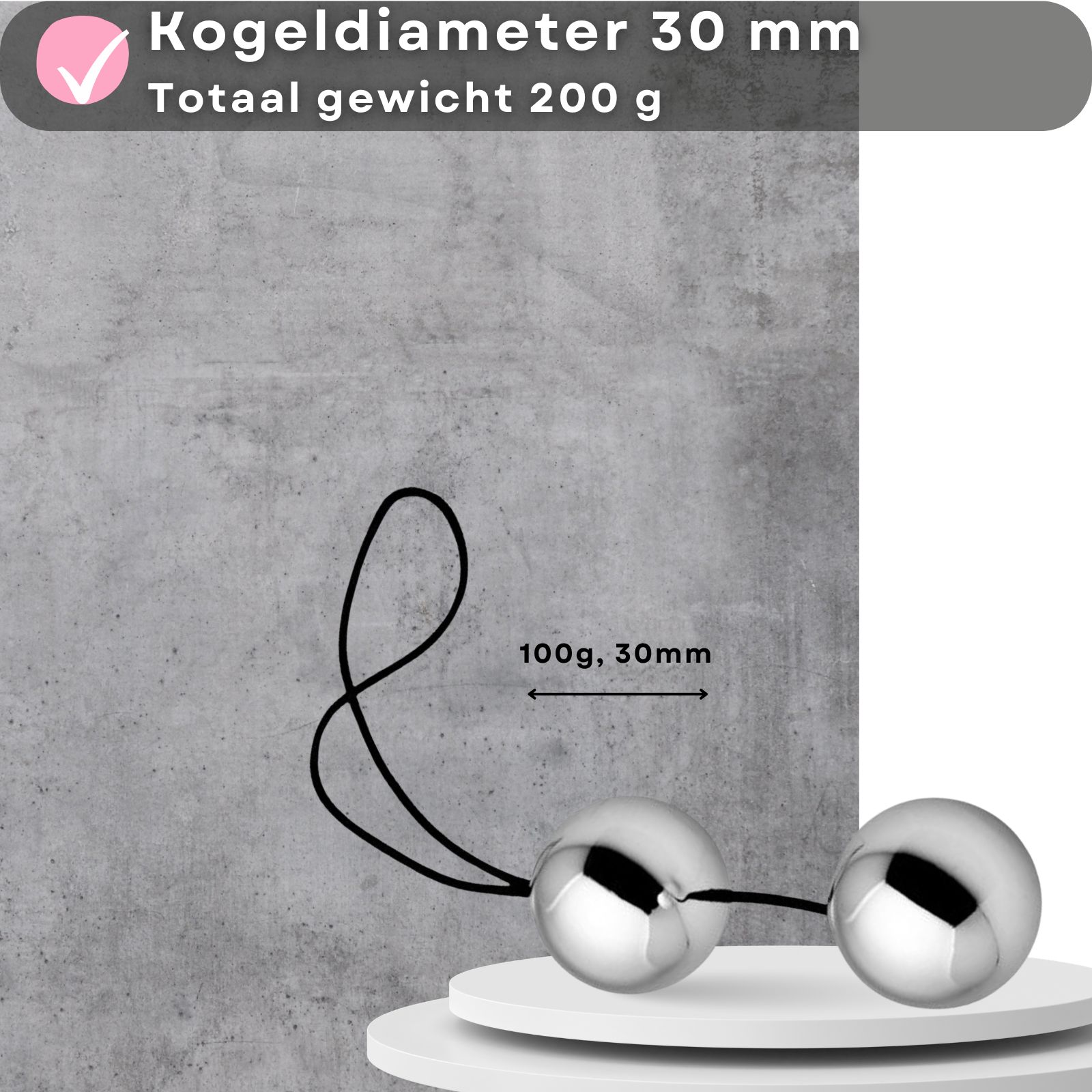 Twee gepolijste stalen bollen met veiligheidskoord, diameter 30mm.
