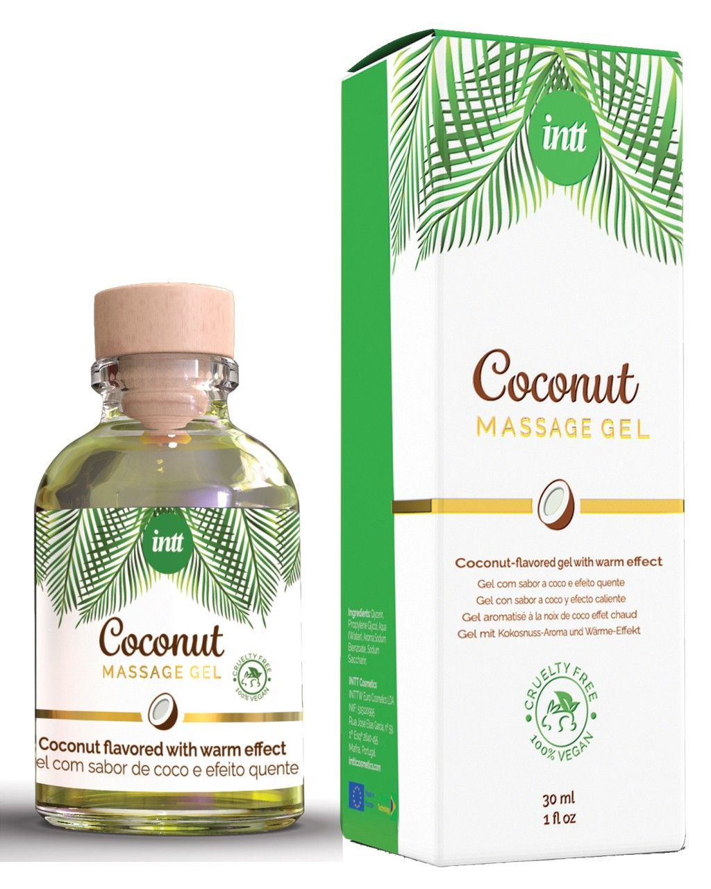 Intt Kokos Massage Gel fles en verpakking. Met palmbladontwerp.