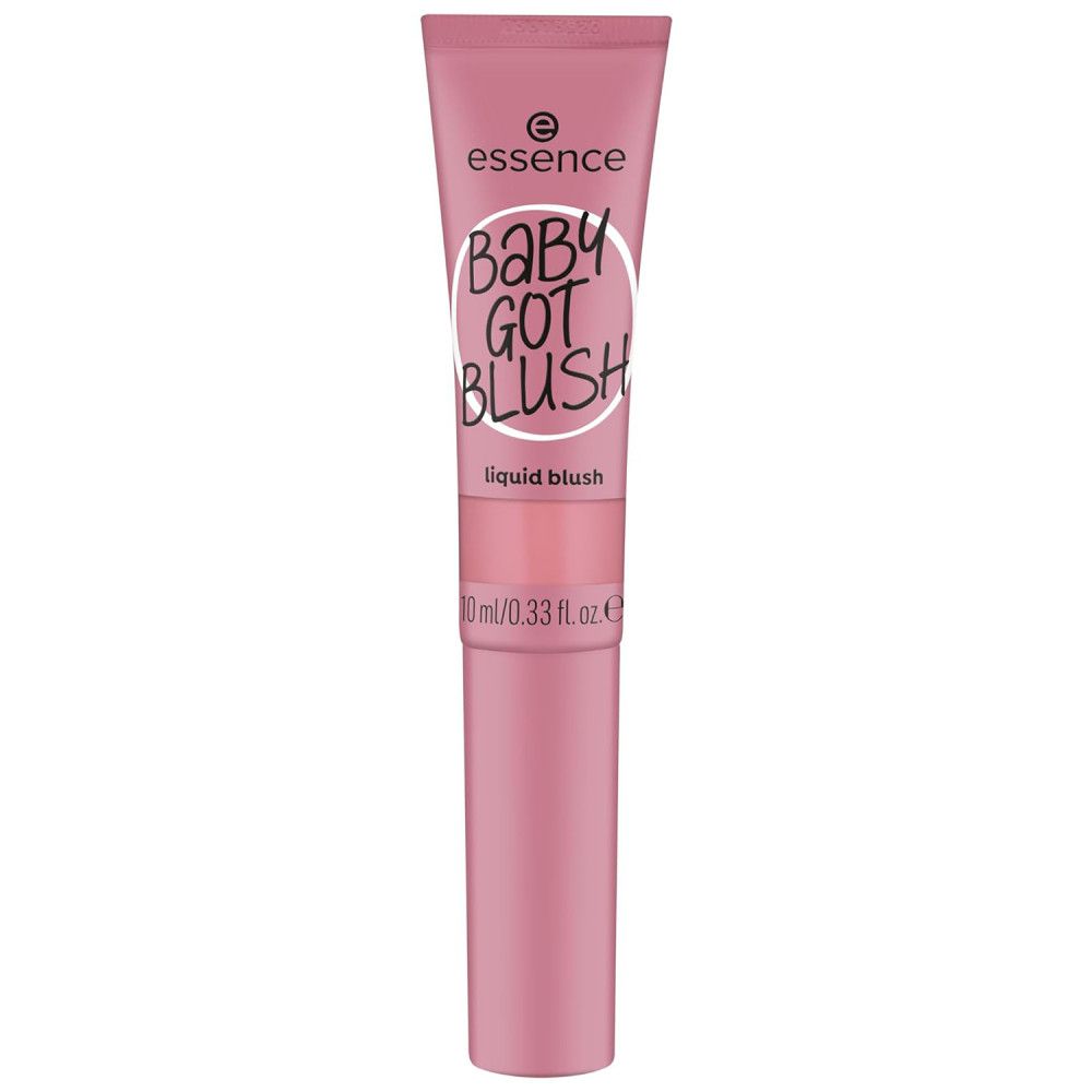 Roze vloeibare blush tube. Witte tekst "Baby Got Blush" en "liquid blush". Merk: Essence. 10 ml/0.33 fl.oz.