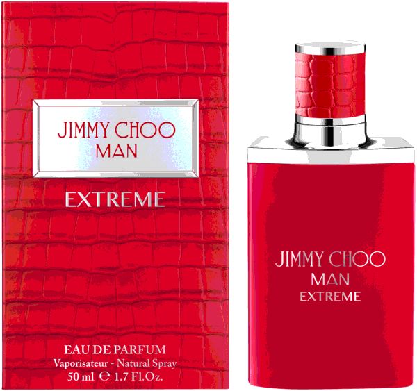Flacon et emballage rouges Jimmy Choo Man Extreme Eau de Parfum. Inscription : Jimmy Choo Man Extreme, Eau de Parfum. Accents argentés.
