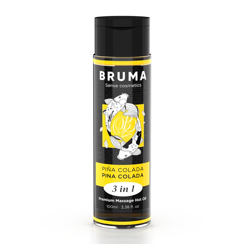 BRUMA 3 in 1 Pina Colada massageolie fles met vis- en citroenafbeelding.