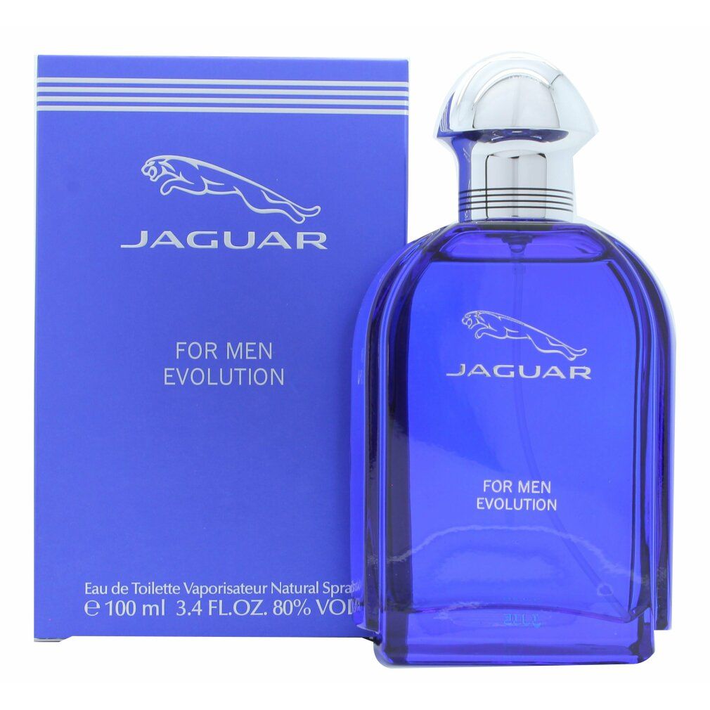 Flacon de parfum bleu avec bouchon argenté et emballage bleu. Inscription: Jaguar, For Men Evolution.