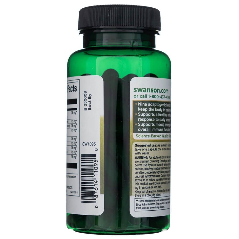 Flacon de capsules vertes avec bouchon noir. Étiquettes avec informations nutritionnelles et instructions d'utilisation.