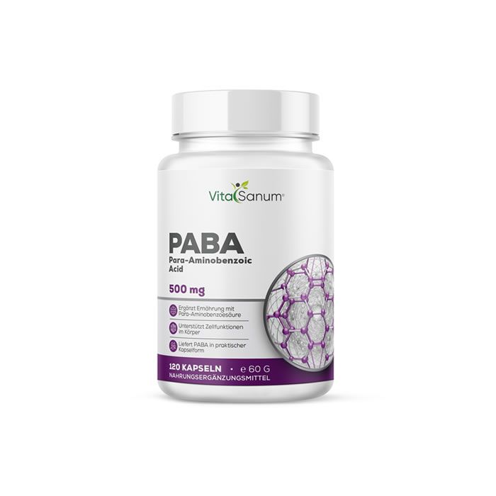 Witte fles met etiket. Opschrift: VitaSanum PABA Para-Aminobenzoic Acid 500 mg. 120 capsules. Voedingssupplement. Paarse accenten.