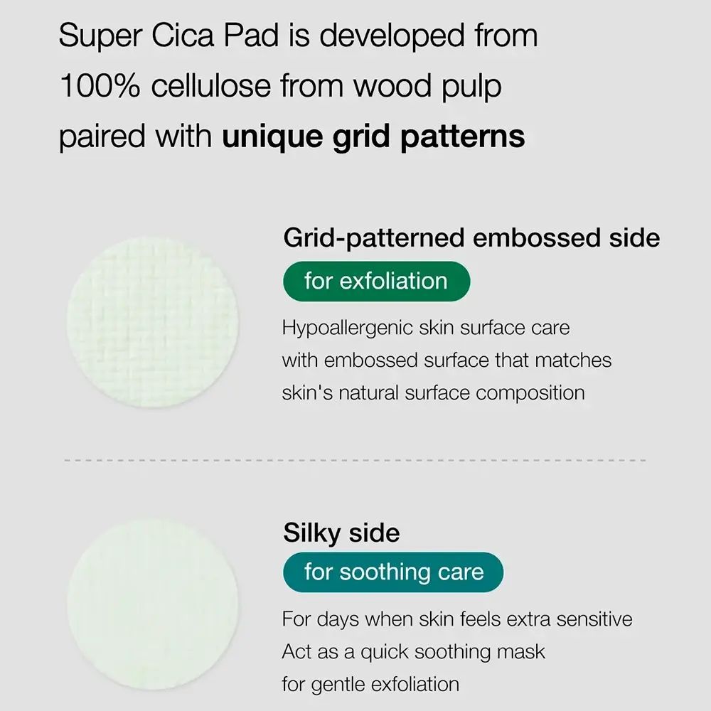 Tekst met informatie over de pads. Rasterpatroon voor peeling, zijdezachte kant voor verzachting.