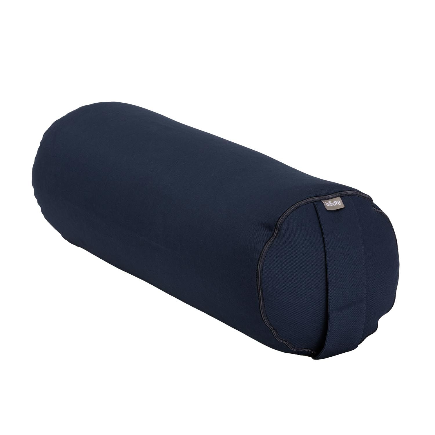 Blauwe yoga-bolster met logo. Cilindrische vorm, afgeronde uiteinden, draaglus.