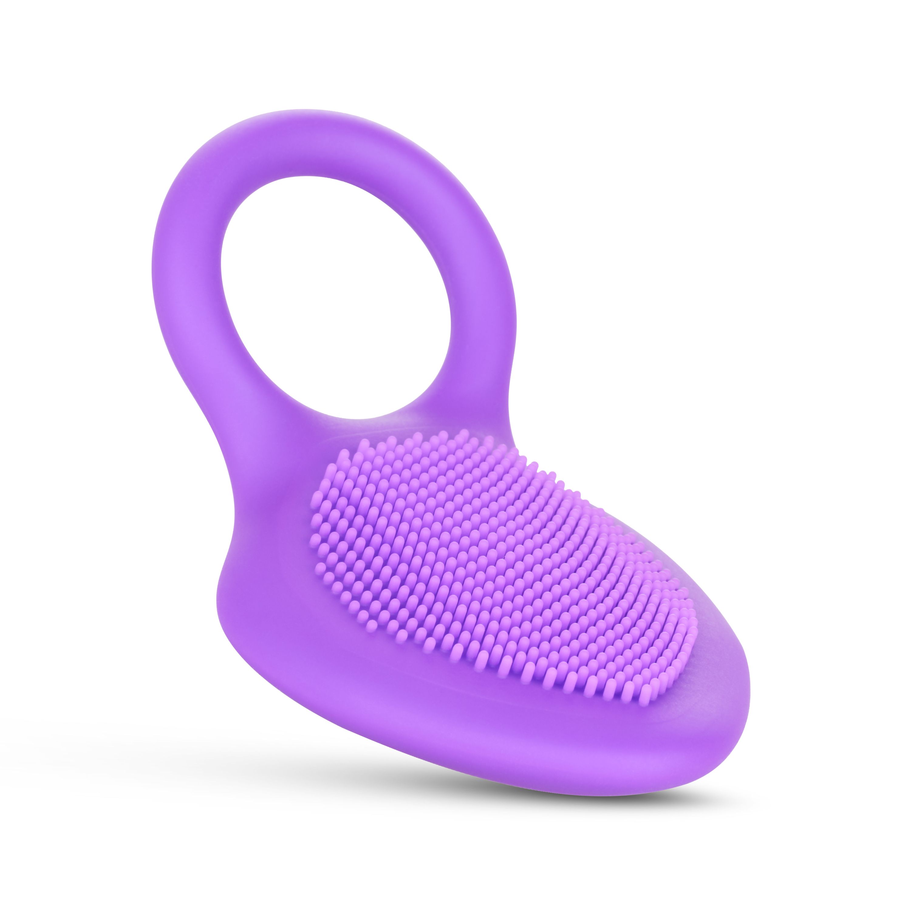 Produit violet avec poignée en anneau et zone texturée. Sur fond blanc, légèrement incliné.