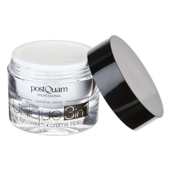 Pot de crème avec couvercle noir. Inscription : Postquam Professional, Unique 3in1. Crème triple action. Couvercle ouvert.