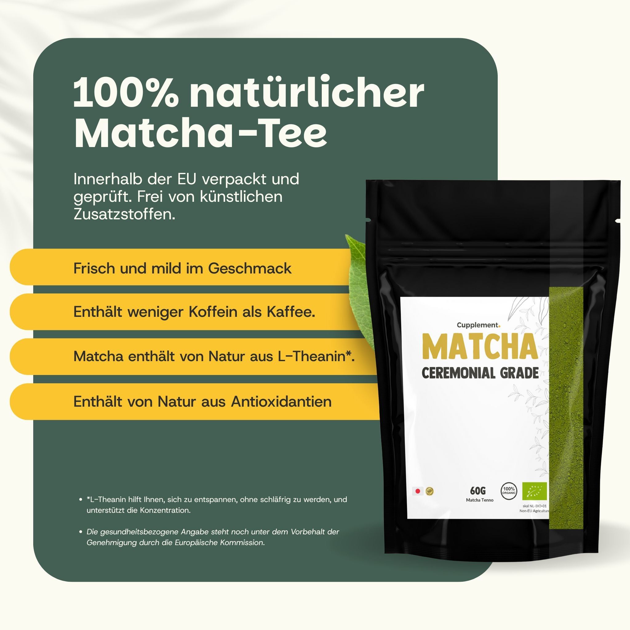 Sachet noir de poudre de matcha, qualité cérémonielle, 60g. À gauche, texte sur les ingrédients naturels et le goût.
