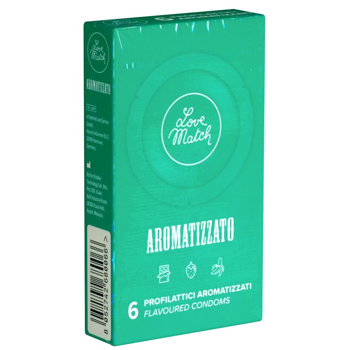 Groene doos met "Love Match Aromatizzato" logo. Tekst: "6 profilattici aromatizzati flavoured condoms".