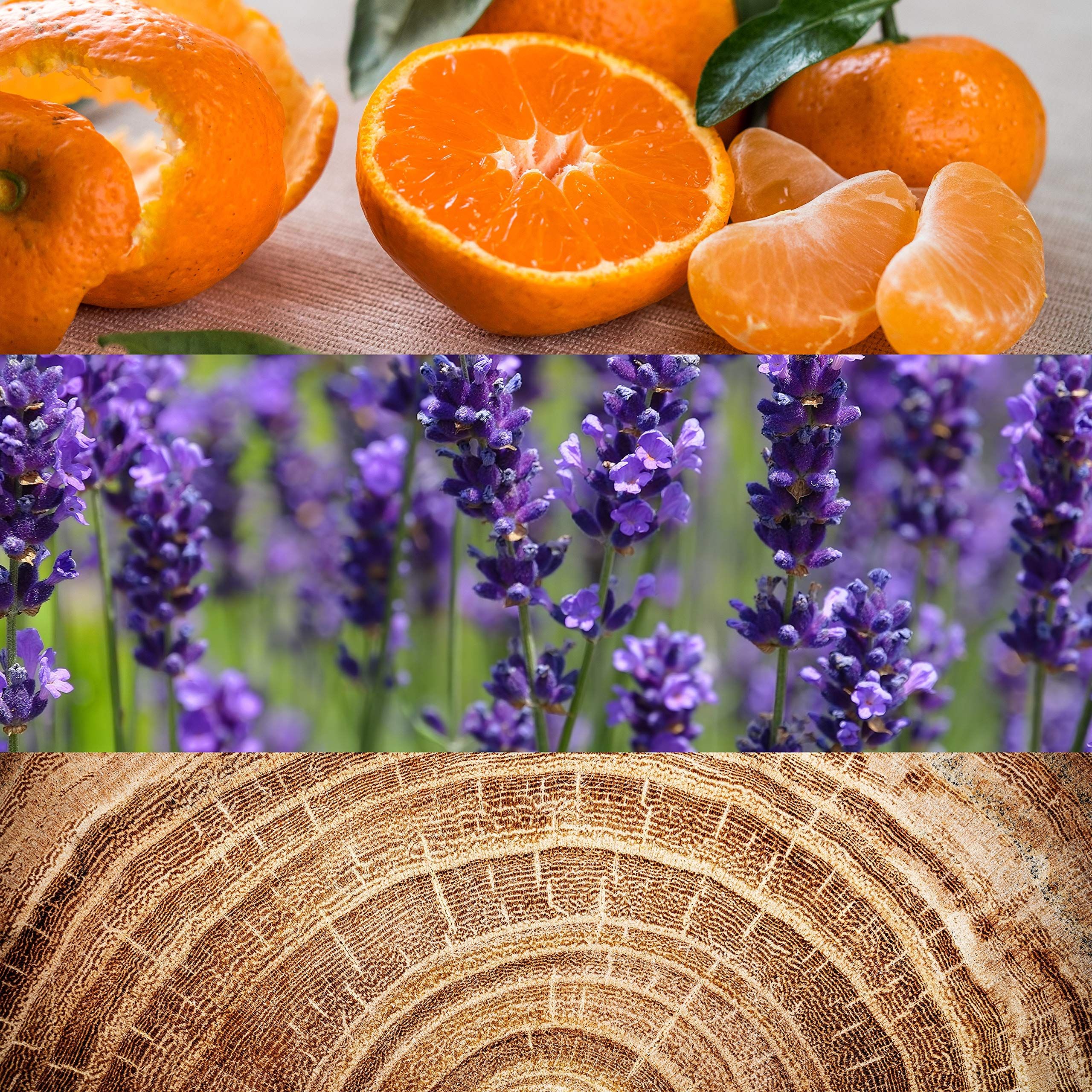 Trois images horizontales. En haut : oranges. Milieu : lavande. En bas : grain de bois.