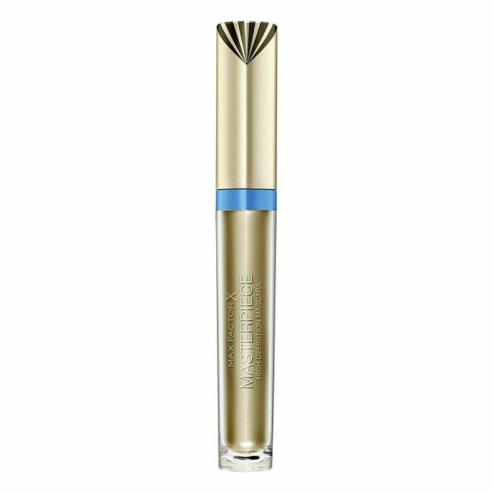 Tube de mascara doré avec bande bleue. Nom du produit et marque visibles. Le couvercle a un motif décoratif.