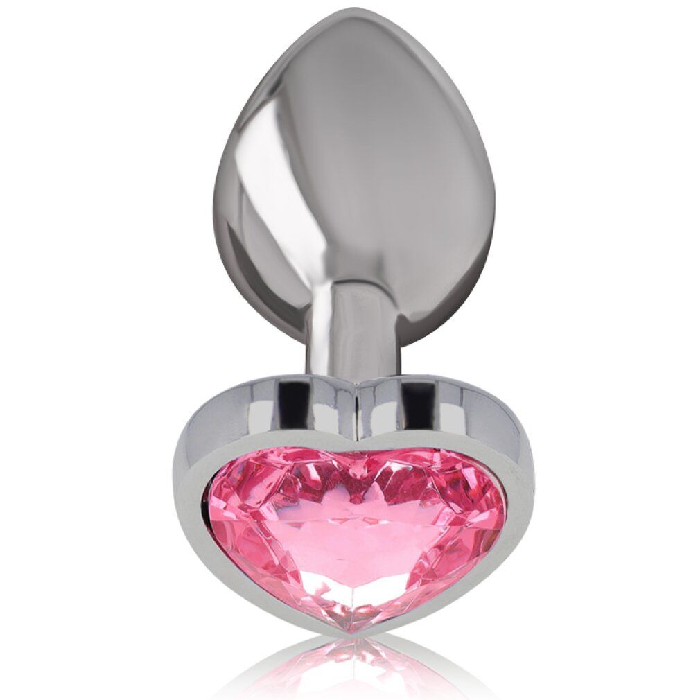 Metalen hartvormige anale plug met roze kristal, close-up.