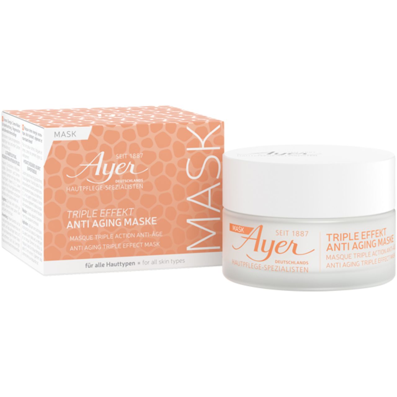 Crèmepot en doos. Opschrift: Ayer, Triple Effect Anti Aging Maske. Voor alle huidtypen.