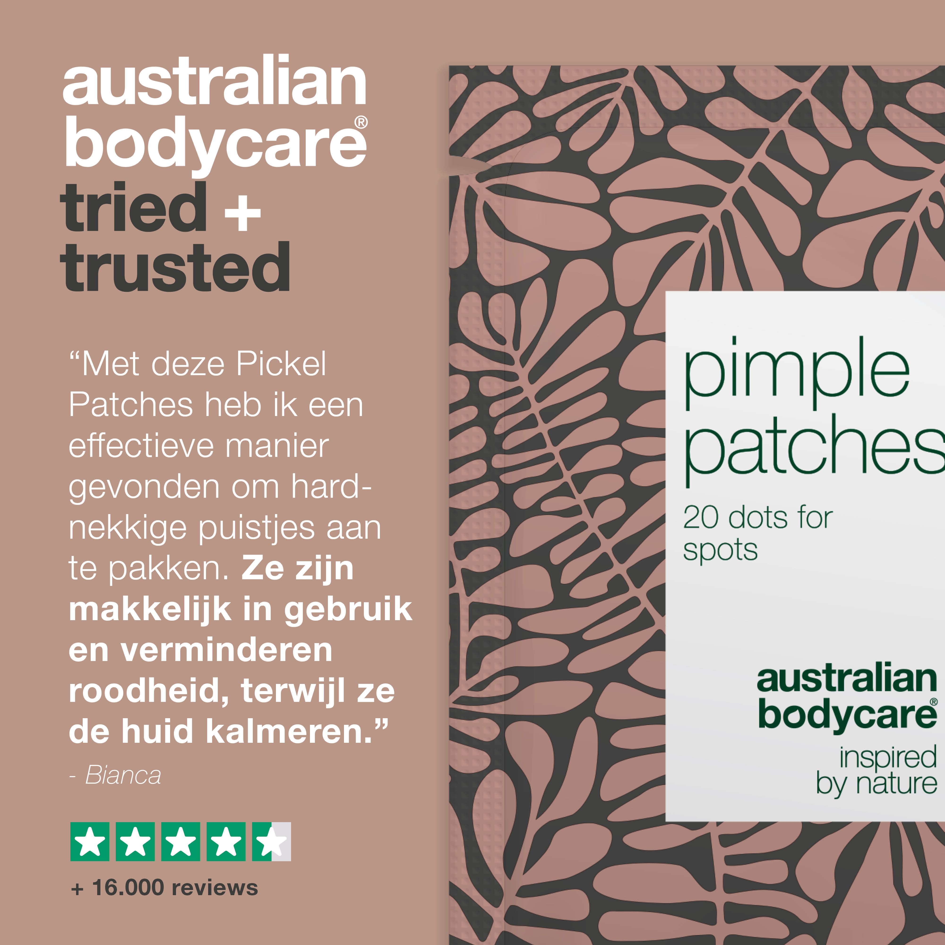 Productverpakking. Tekst: Pimple Patches, 20 dots for spots. Logo: Australian Bodycare. Tekst: Tried + Trusted.