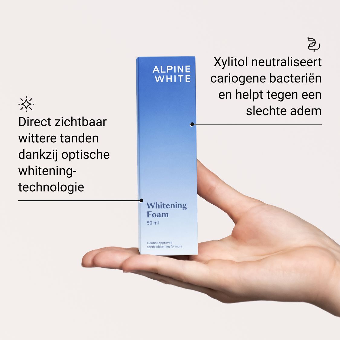 Hand houdt een doos met "ALPINE WHITE Whitening Foam". Tekst: 50 ml. Direct wittere tanden.