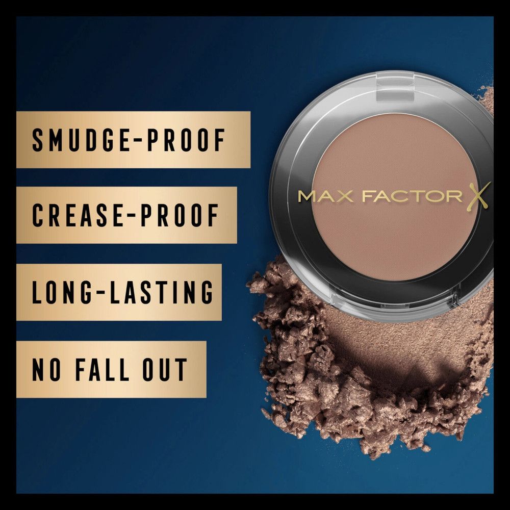 Bruine oogschaduw met tekstborden. Tekst: Smudge-Proof, Crease-Proof, Long-Lasting, No Fall Out. Gouden tekst.
