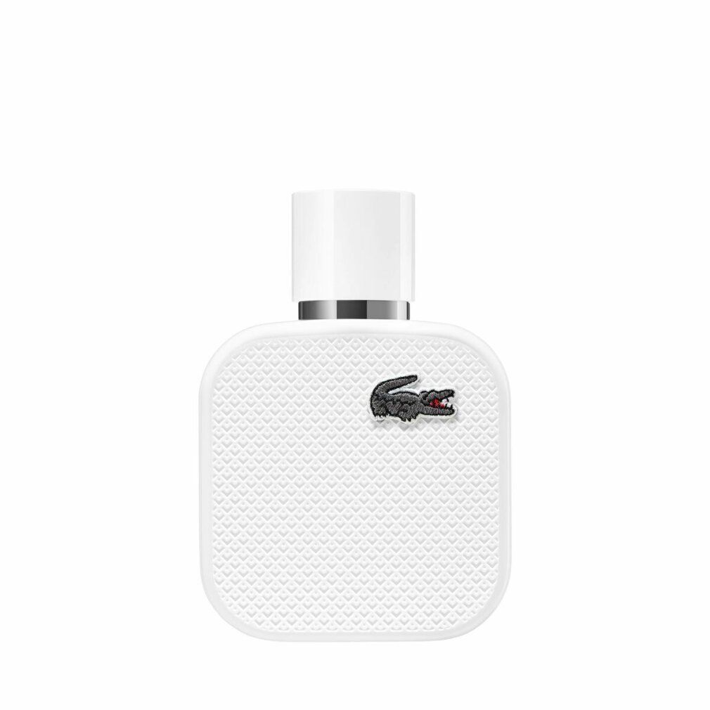 Flacon blanc Lacoste L.12.12 Blanc. Logo crocodile. Eau de parfum, vaporisateur.