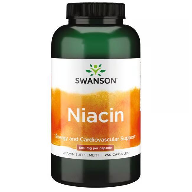 Flacon vert avec bouchon noir. Étiquette blanche avec SWANSON, Niacin, 500 mg par capsule, 250 capsules.