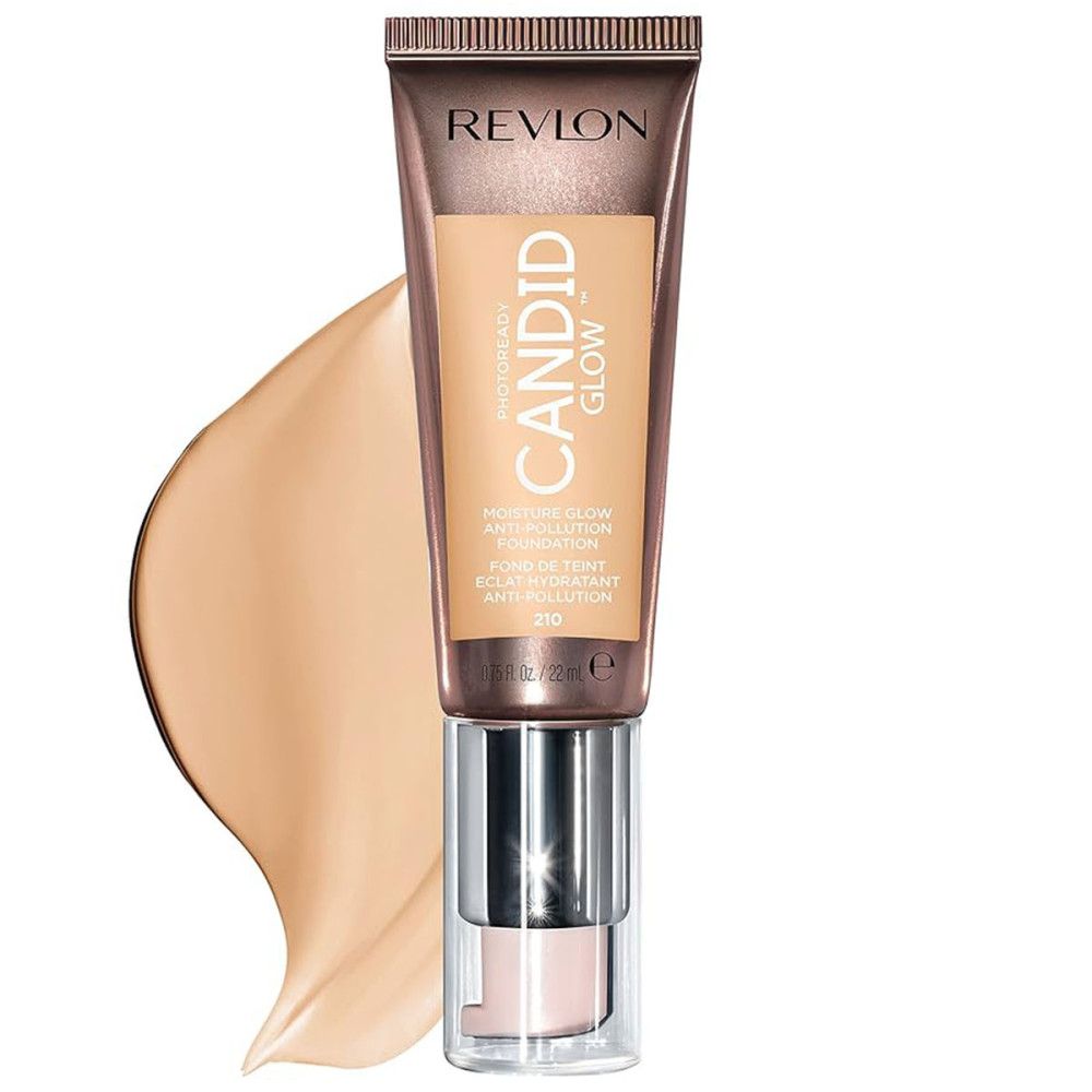 Revlon PhotoReady Candid Glow Foundation. Tube met product en kleurvlek. Tekst: Candid Glow, Anti-pollution, 210.