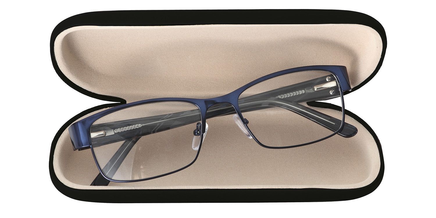 Open hardcase etui. Bril met blauw metalen montuur. Beige binnenkant.
