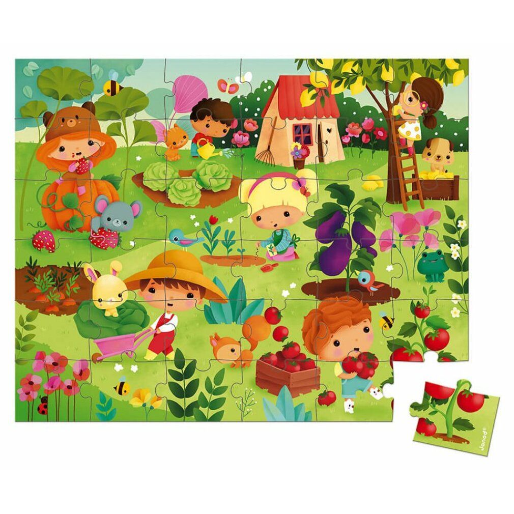 Afgelegde puzzel, 36 stukjes. Tuinillustratie met kinderen en groenten. Eén puzzelstukje ernaast.