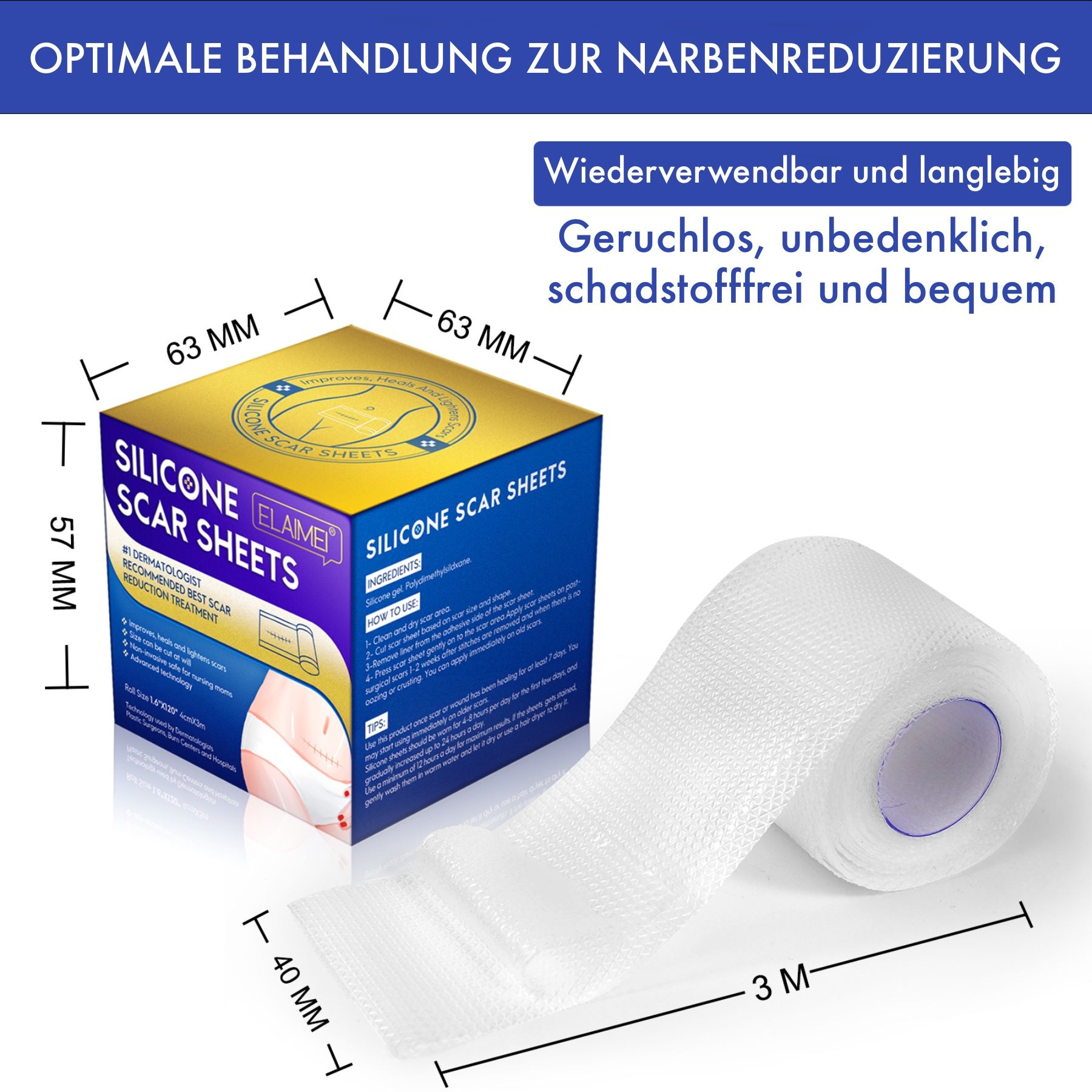 Productverpakking en rol siliconen pleister. Afmetingen: 63x63x57mm, 40mm breed, 3m lang. Tekst: Silikon Scar Sheets.