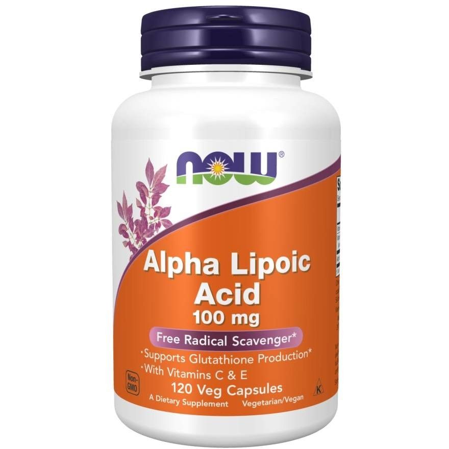 Flacon blanc avec étiquette orange. Inscription: Alpha Lipoic Acid 100 mg, 120 Veg Capsules. Marque: NOW.