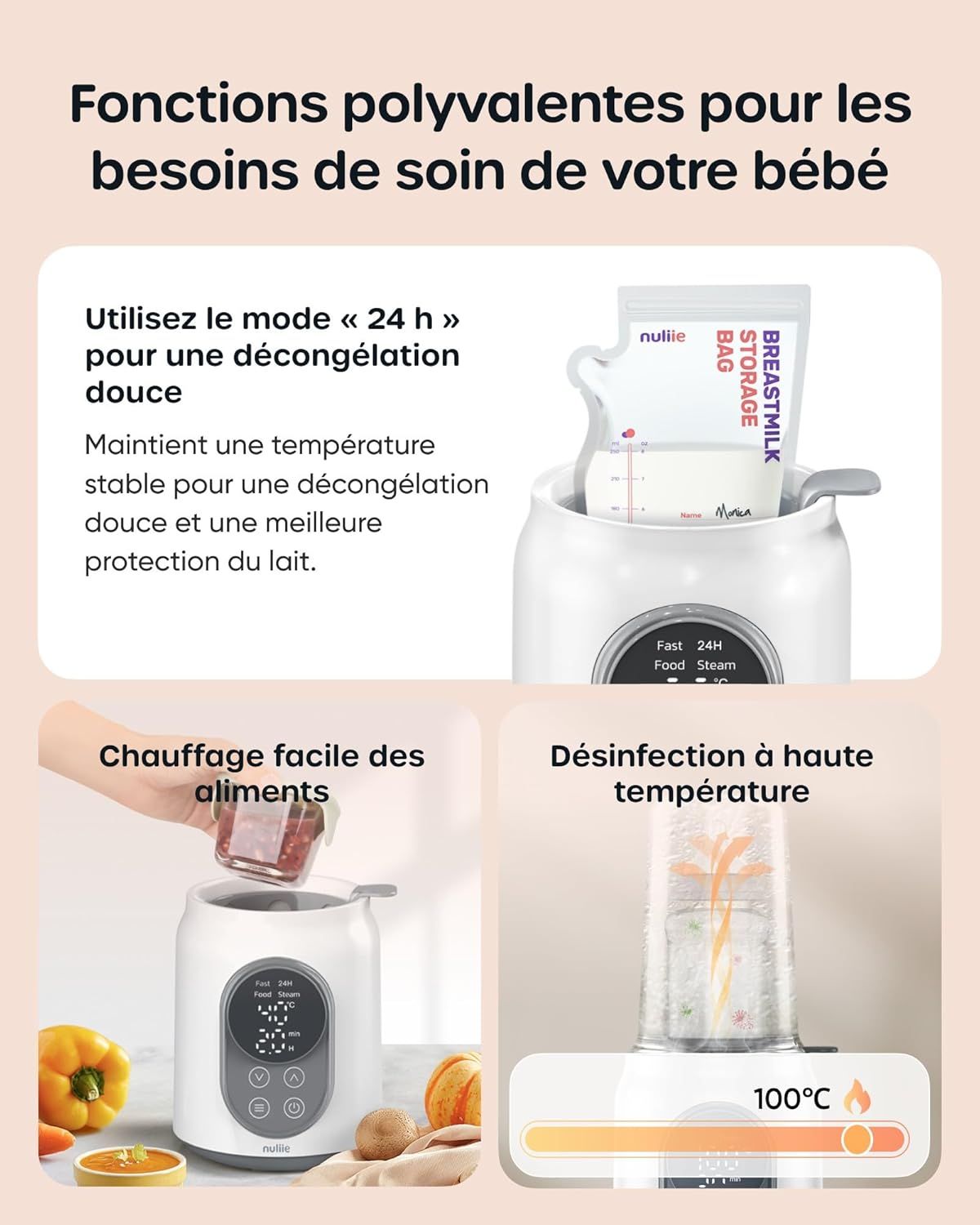 Un chauffe-biberon et stérilisateur blanc avec écran numérique et commandes. Montre les fonctions de décongélation, réchauffement et désinfection à 100°C.