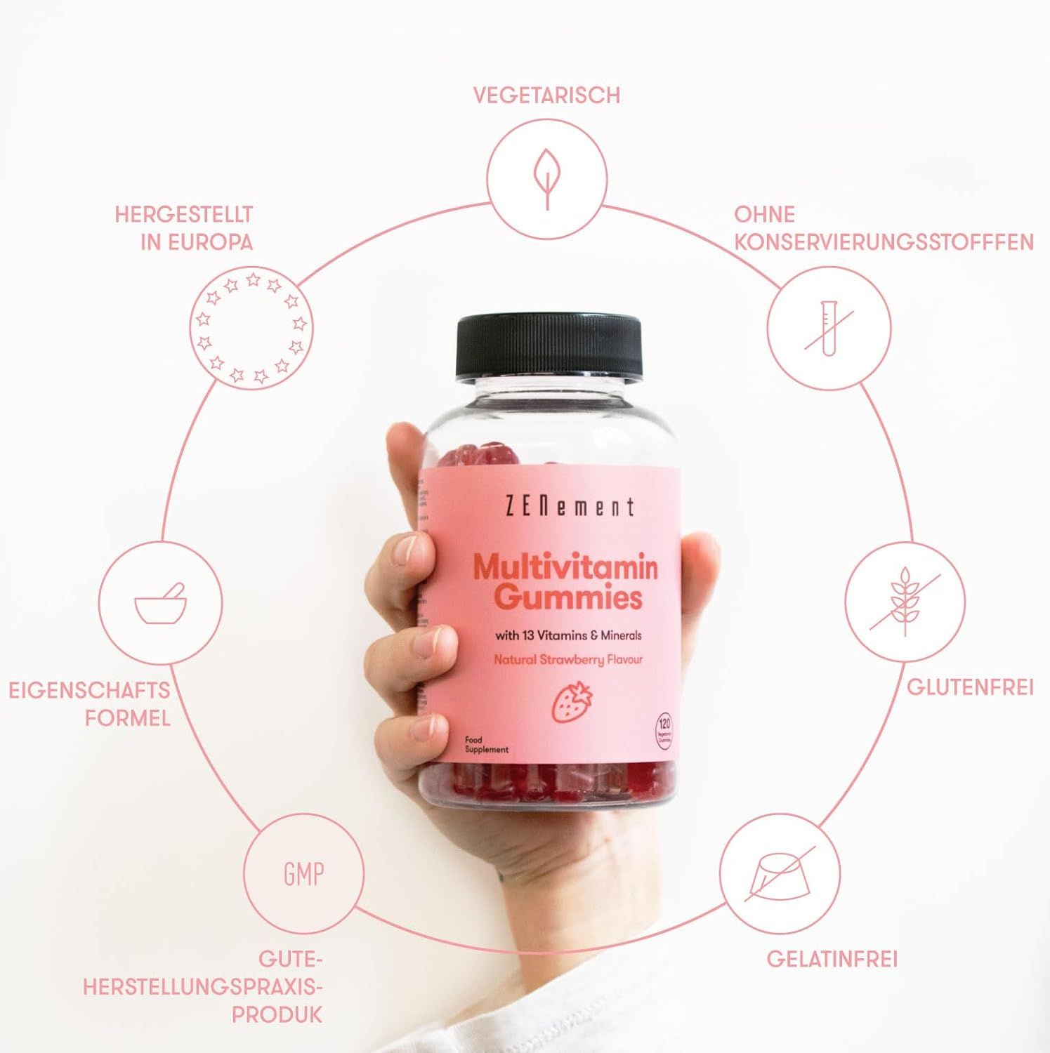 Flacon de gummies multivitamines Zenement. Inscription : Multivitamin Gummies avec 12 vitamines et minéraux. Goût fraise. Végétarien.