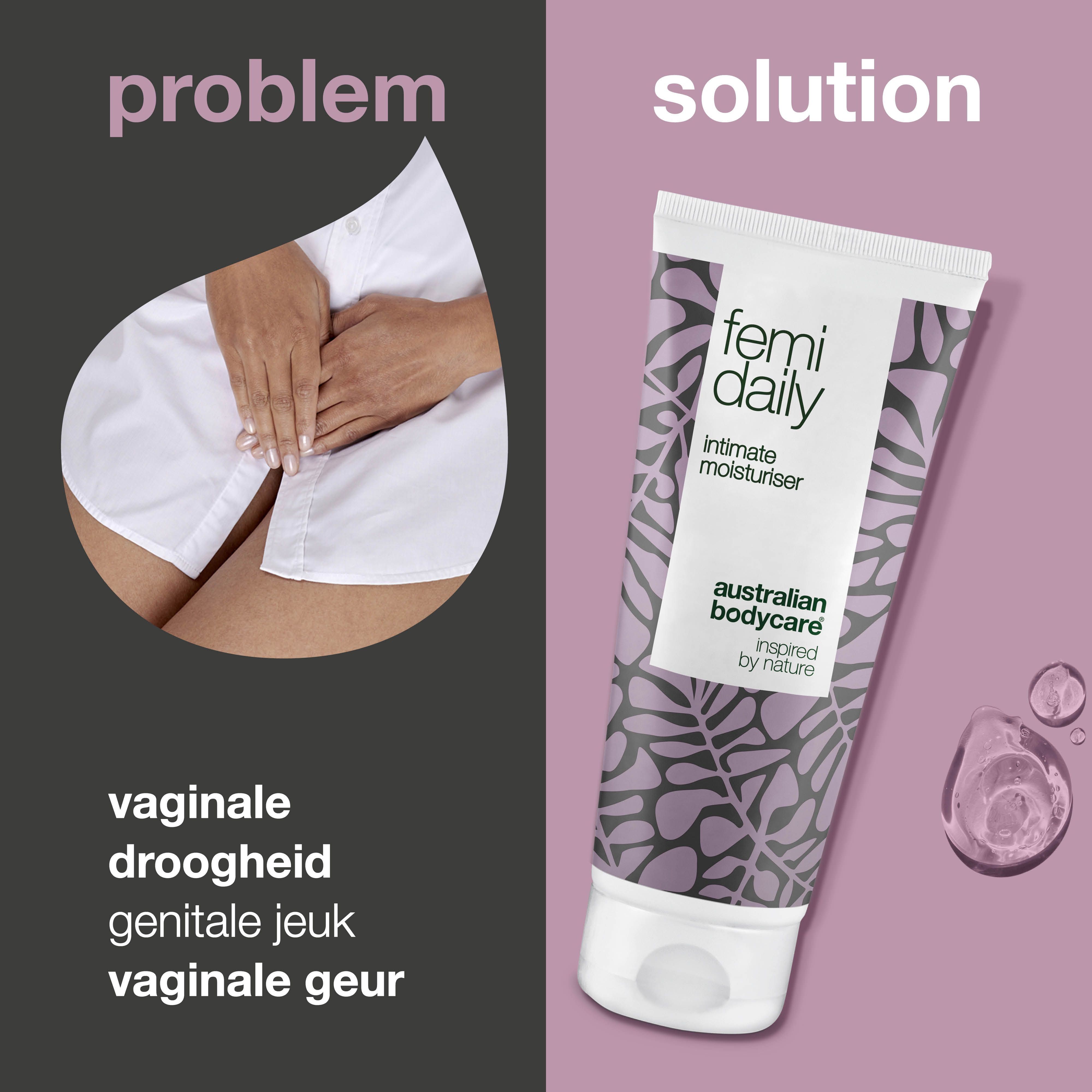 Femi Daily intieme moisturizer. Probleem-oplossing concept. Tekst: vaginale droogheid.
