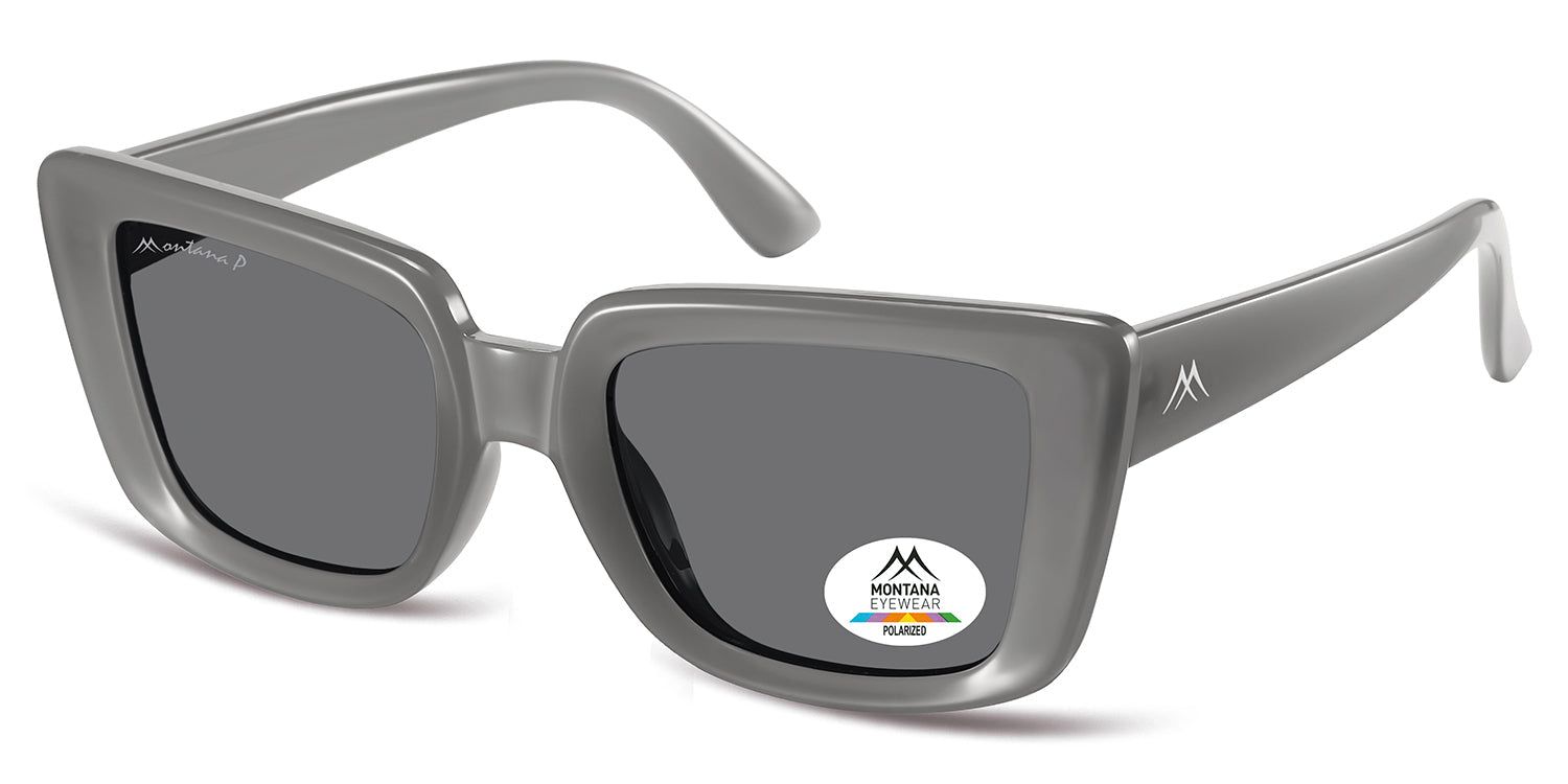 Lunettes de soleil grises, forme rectangulaire, verres foncés. Logo Montana Eyewear sur la branche et autocollant polarisé sur le verre.