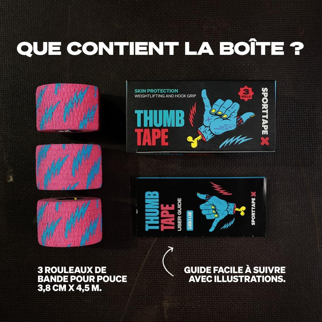 Trois rouleaux de bande pour pouce rose à rayures bleues, 3,8 cm x 4,5 m. Une boîte "Thumb Tape" et un guide utilisateur.